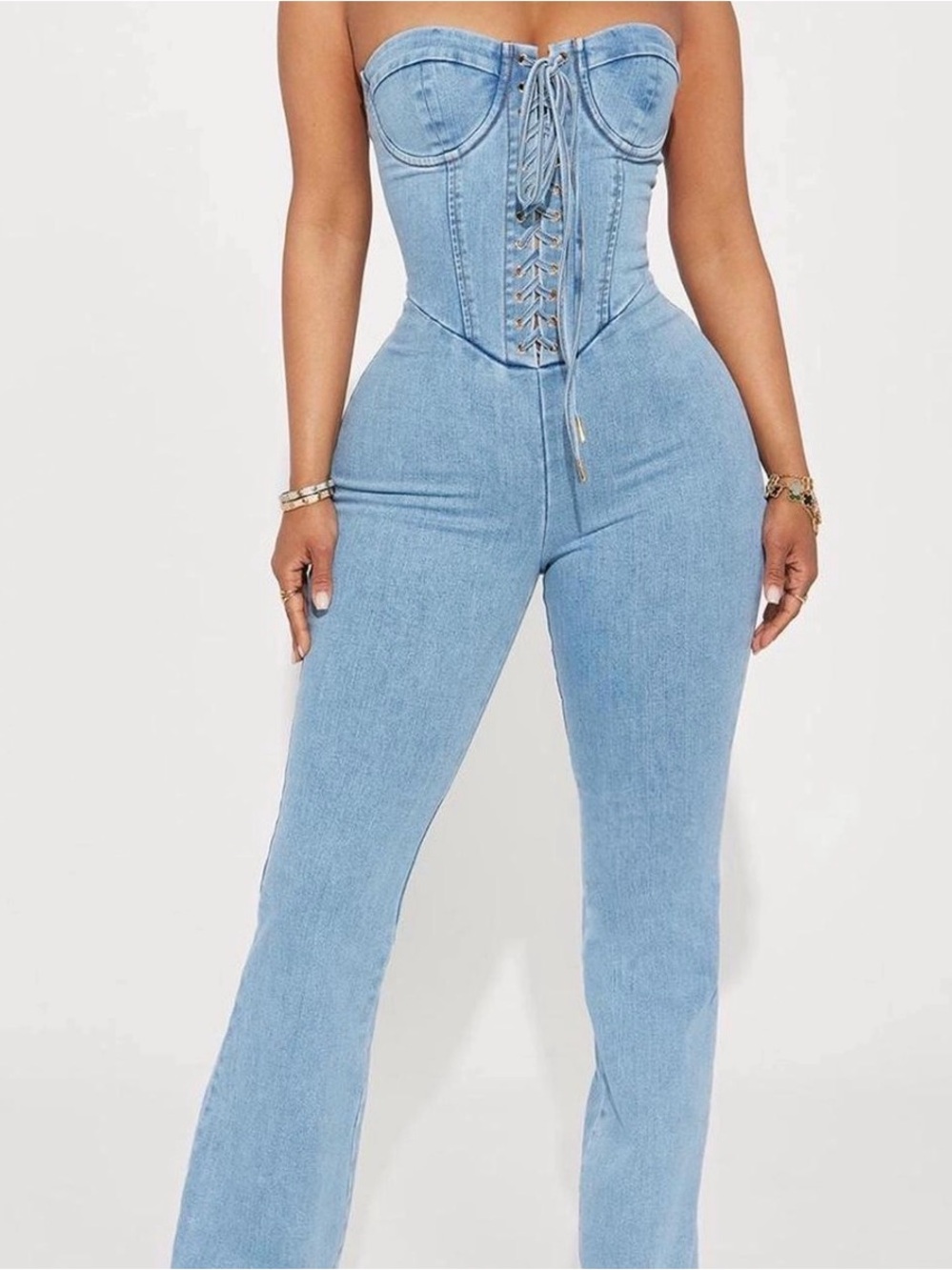 Fashion Nova Light Blue Denim Corset Jumpsuit